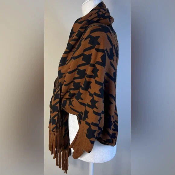 Soia & Kyo Miku Brown and Black Houndstooth Women's Scarf Wrap Coat, O/S, NWT